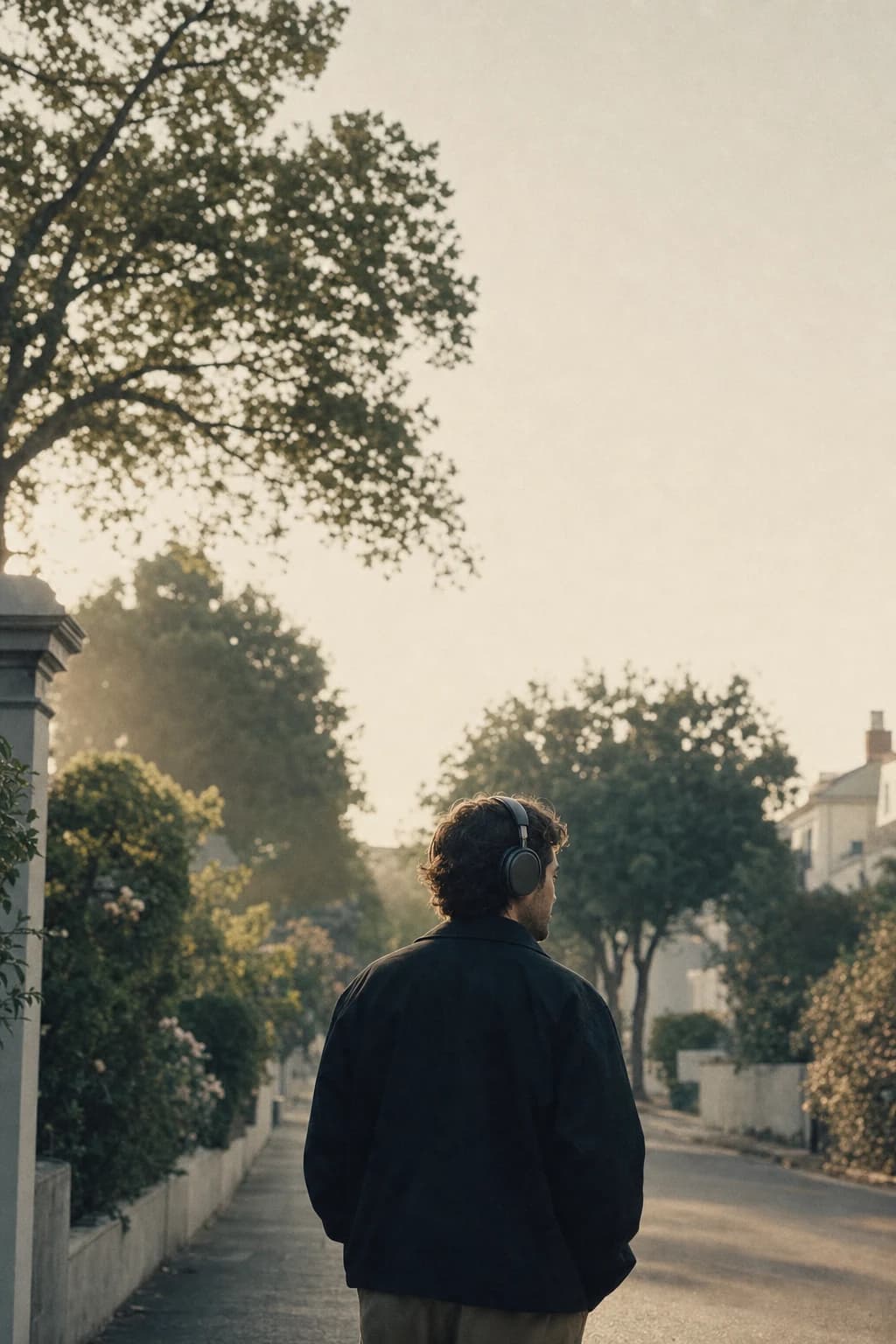 A person walking through a quiet neighborhood wearing headphones